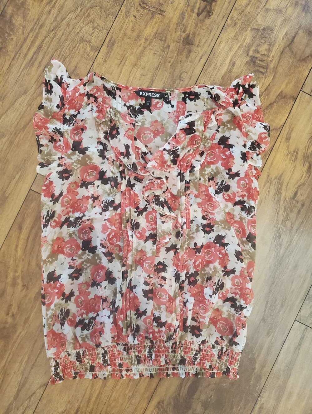 Express XS Coral Floral Ruffle Neck Sleeveless Blouse